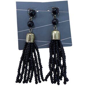 Black Beaded Tassel Dangle Earrings With Gold Accents For Women
